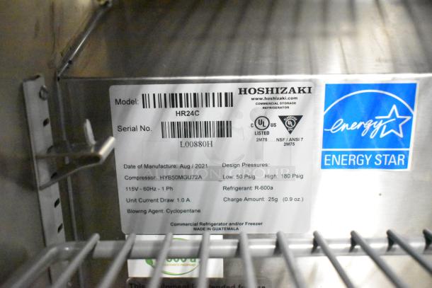 2021 Hoshizaki HR24C undercounter cooler, 115V, single door, Energy Star rated. Model and serial tags visible with specs.