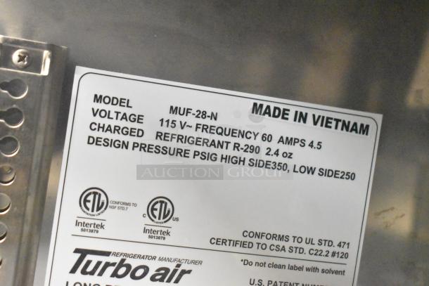 Turbo Air MUF-28-N single door undercounter freezer label. Specs: 115 volts, 1 phase, refrigerant R-290, made in Vietnam.
