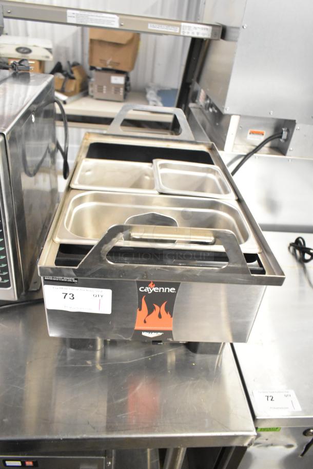 Vollrath Cayenne 1001 countertop food warmer, stainless steel, features multiple pans, visible model label, 120 volts, 1 phase.