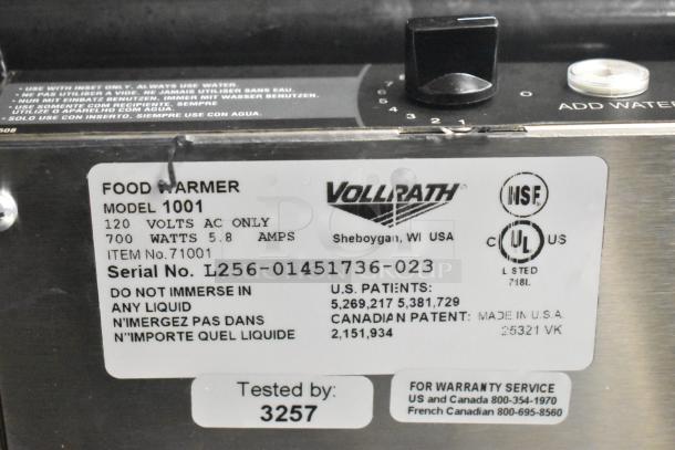 Vollrath Cayenne 1001 Countertop Food Warmer, 120V, 700W, NSF and UL certified, serial L256-01451736-023.