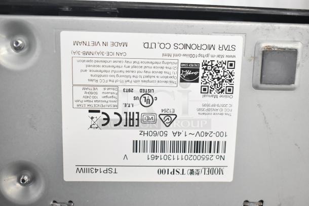 Star TSP100II receipt printer, model shown on label. Features UL, CE markings. Serial number and QR code visible, condition good.
