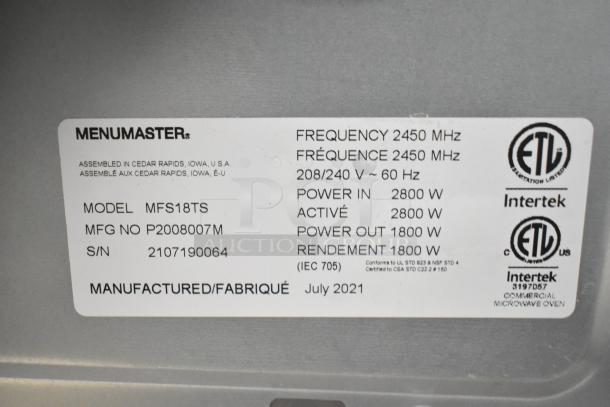 2021 Menumaster MFS18TS commercial microwave, 208/240V, 1-phase. Label shows model, serial number, and power details.