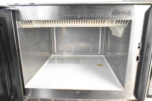 2021 Menumaster MFS18TS commercial countertop microwave oven, stainless steel, 208/240V, 1 phase, visible wear inside.