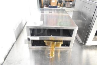 Henny Penny MPC-22 countertop holding bin, 2 shelves, 4 pan capacity, stainless steel, 120V, used condition, visible power switch.