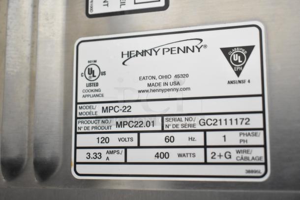 Henny Penny MPC-22 holding bin tag showing model, serial number GC2111172, 120V, 1 phase, 400W, UL listed.