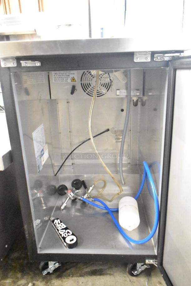2024 Avantco 178UDD1HC kegerator interior, showing single tap system, hoses, and regulator. 115V, 1-phase.