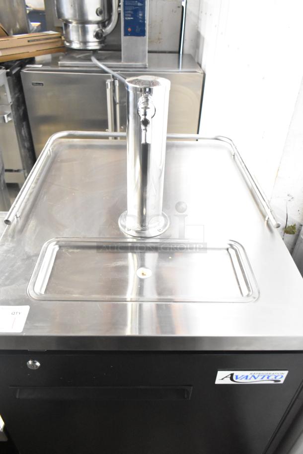 2024 Avantco 178UDD1HC Commercial Kegerator with single tap, stainless steel top, Avantco logo, 115V, 1 phase, black exterior.