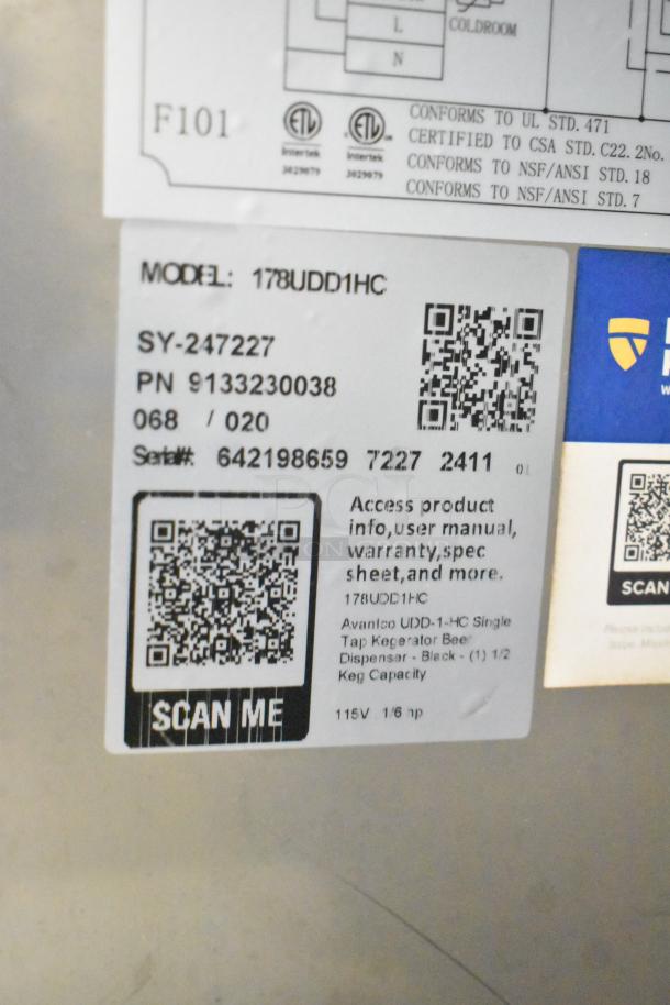 2024 Avantco 178UDD1HC Kegerator label, showing model, serial number, QR code, and 115V power specification.