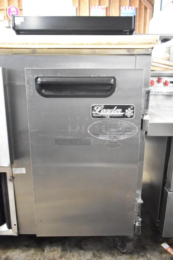Leader LM36 S/C Commercial 2 Door Undercounter Cooler, stainless steel, 115V, 1 phase, branded label visible, good condition.