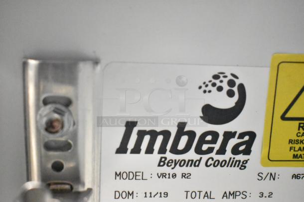 Imbera VR10 Commercial Cooler label, shows model VR10 R2, DOM 11/19, total amps 3.2, and logo.