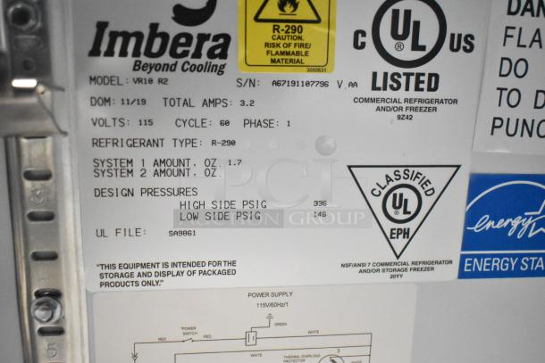 Imbera VR10 commercial cooler label, UL listed, 115 volts, R-290 refrigerant, design pressures high 336 PSIG, low 146 PSIG.