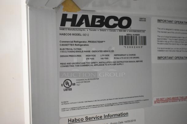 Habco SE12 Commercial Single Door Reach In Cooler label showing model, voltage, phase, and UL certification details.