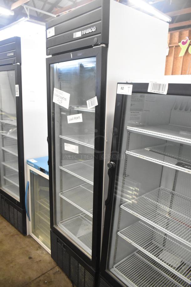 2019 Habco SE18 commercial reach-in cooler, single door, 115V, 1 phase, glass front, interior shelves, model number shown.