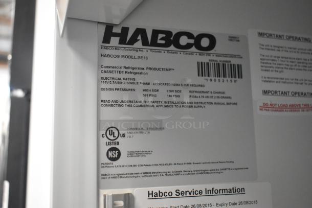 2019 Habco SE18 Commercial Cooler Merchandiser, 115V, 1 Phase. Features include a single reach-in door, UL and NSF certifications. Model details on visible label.