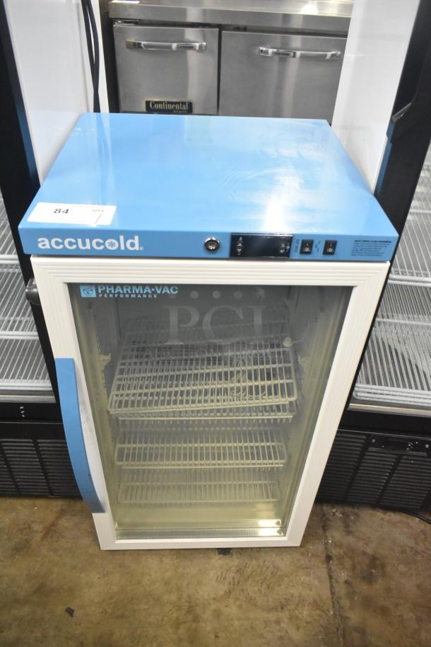 Accucold ARG3PV456 single door mini cooler merchandiser, blue-white finish. Features digital controls, three shelves. 115V, 1 phase.