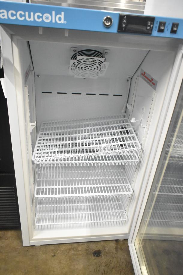 Accucold ARG3PV456 mini cooler merchandiser, single door, white wire shelves, digital controls, 115V, excellent condition.