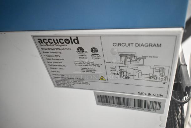 Accucold ARG3PV456 mini cooler tag; 115V, 1 phase, model ARG3PV456. Shows power source, certifications, and circuit diagram.