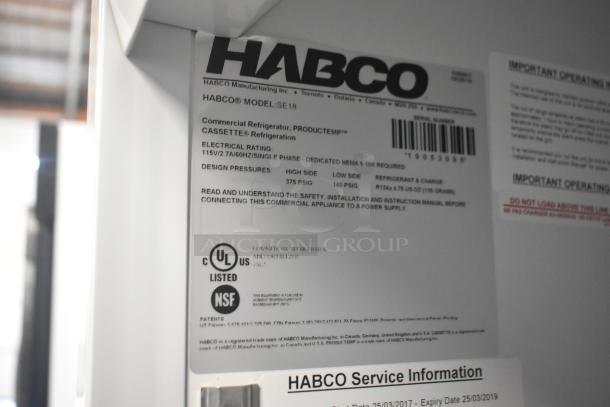 2019 Habco SE18 Commercial Cooler label showing model, 115V, 1 phase specifications, UL and NSF listed, serial details.