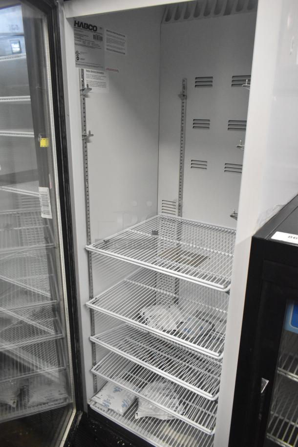 2019 Habco SE18 Commercial Single Door Cooler, 115V, 1 Phase. Interior shelves, manufacturer's label visible, good condition.