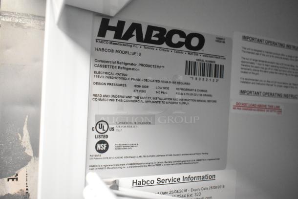 2019 Habco SE18 single door reach-in cooler merchandiser, 115V, 1-phase, UL and NSF listed, label with specs shown.