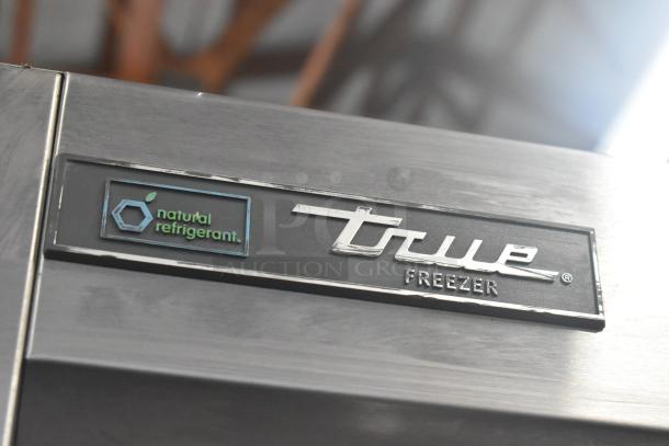 2022 True T-19F-HC freezer with natural refrigerant label, commercial-grade, stainless steel, single door, on casters.