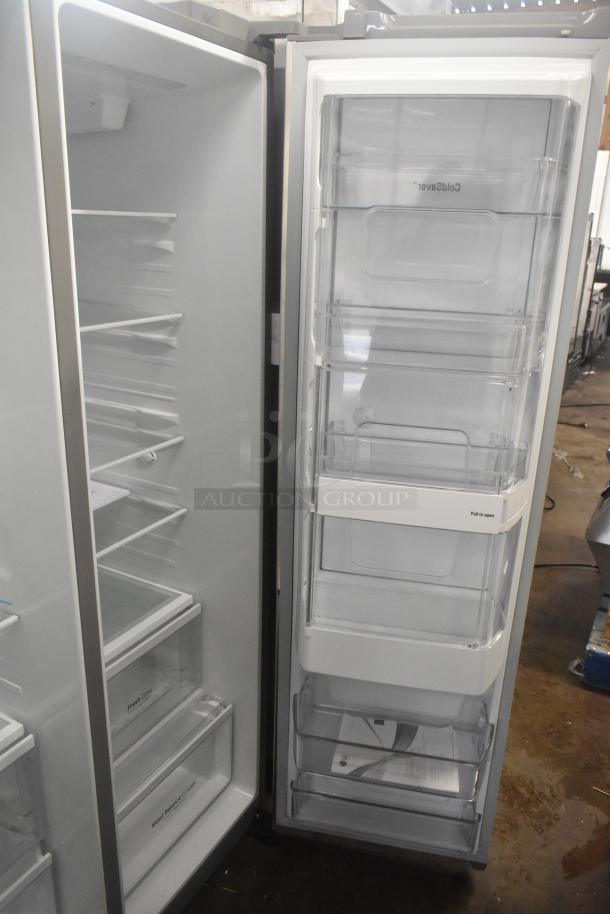 LG LSXS26366S/05 reach-in cooler and freezer, side-by-side doors, internal shelving, ice and water dispenser, 115V.