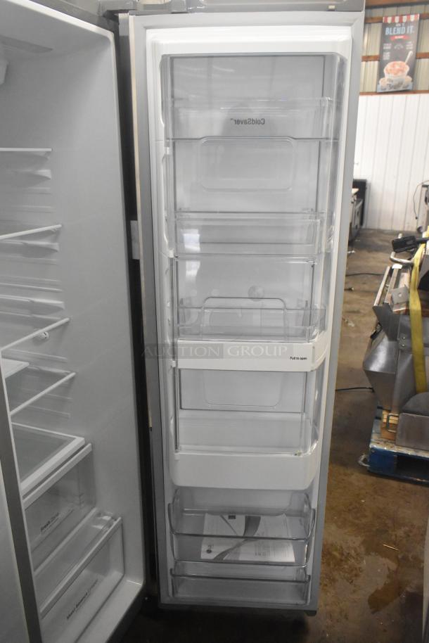 LG LSXS26366S/05 reach-in cooler and freezer with ice and water dispenser, shown open with clear shelves. 115 Volts, 1 Phase.