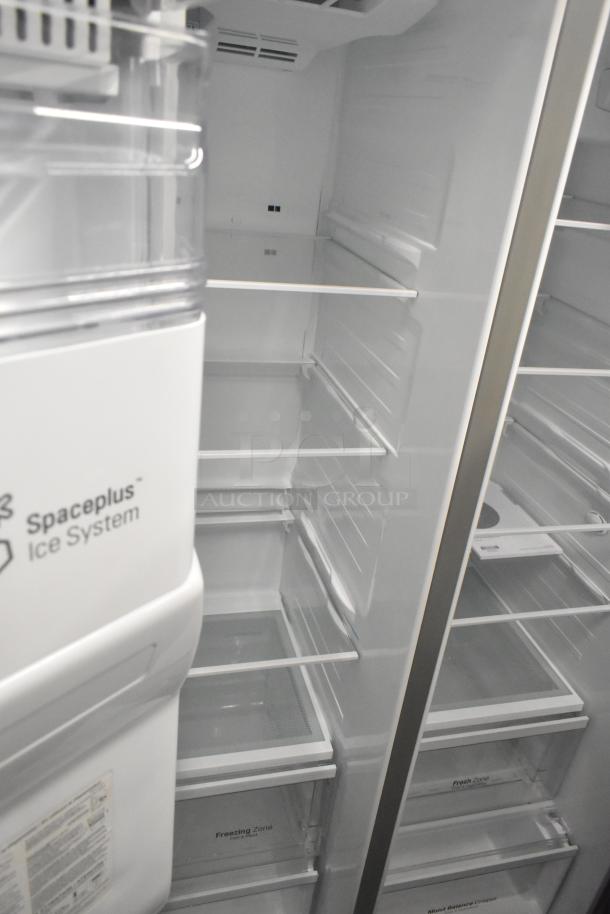 LG LSXS26366S/05 reach-in cooler and freezer, open view. Features ice and water dispenser, SpacePlus Ice System, clean condition.