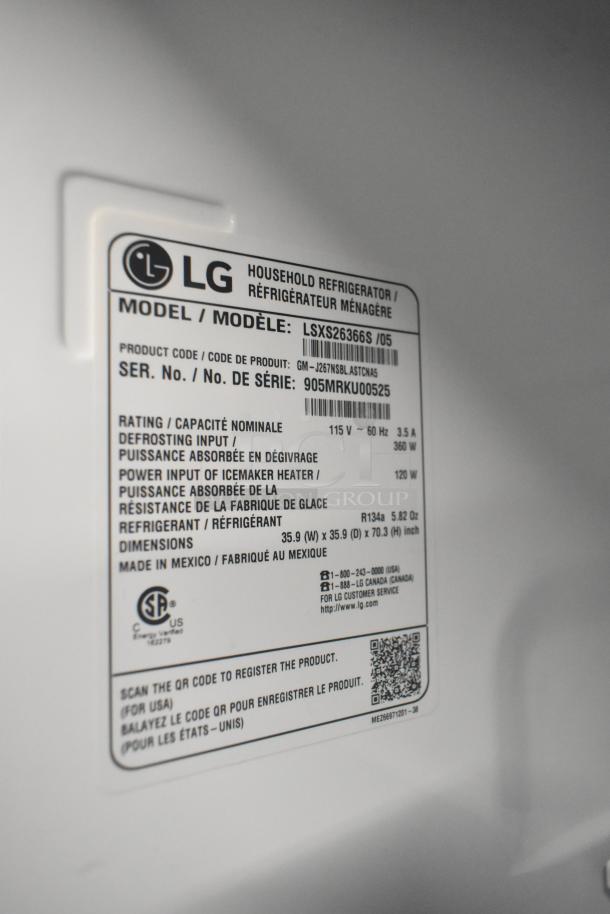 LG LSXS26366S/05 label for reach-in cooler and freezer with ice and water dispenser. Model, serial number, and specs shown.