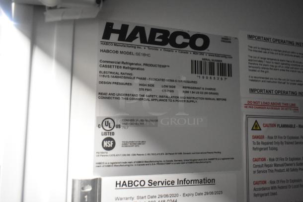 2019 Habco SE18HC cooler label showing model, voltage, and safety certifications. 115V, 1 phase, NSF, UL listed.