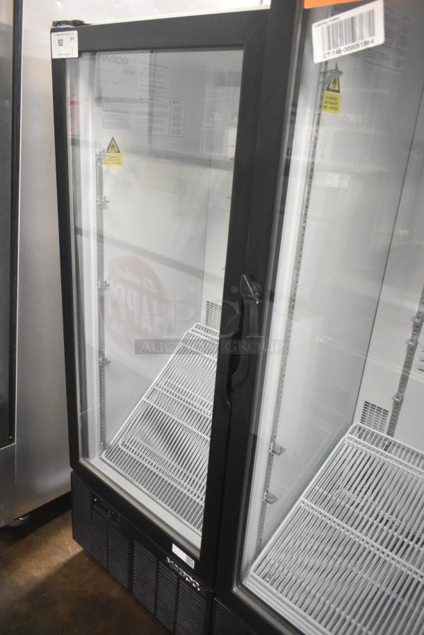 Habco SE12HC commercial reach-in cooler with single glass door, 115V, 1 phase, black frame, shelves inside, power label.