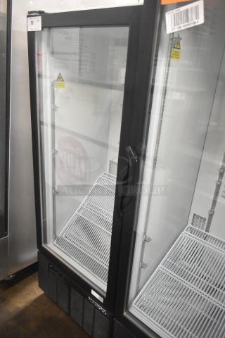 Habco SE12HC commercial reach-in cooler with single glass door, 115V, 1 phase, black frame, shelves inside, power label.