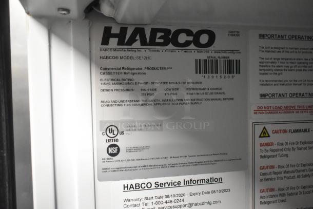 Habco SE12HC Commercial Cooler label, showing model, 115V, 1 phase, UL, and NSF certifications. Tags detail electrical specs.