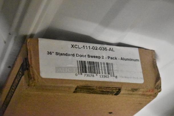 Box labeled "XCL-111-02-036-AL" with 36" aluminum door sweep, 2-pack. Includes barcode and item details.
