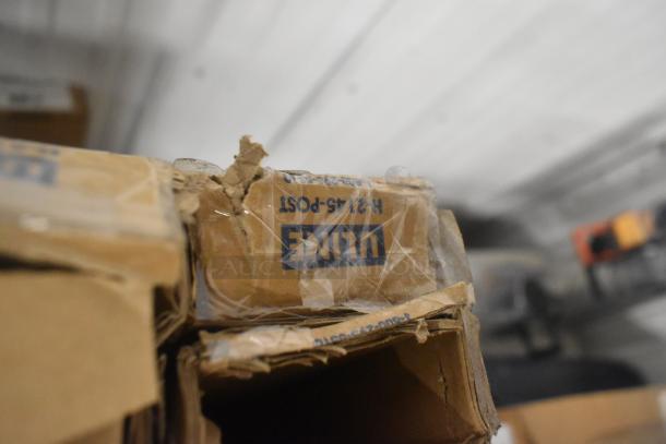 Cardboard box labeled "ULINE H-213-POST," partially opened, with visible tearing. Contains 5 door sweeps including XCL-111-02-036-AL 36" standard.