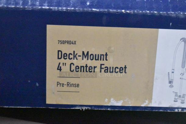 Waterloo 750PRD4X deck-mounted pre-rinse faucet box. Model 750PRD4X, 1.15 GPM, 4" centers. Brand new, scratch and dent condition.
