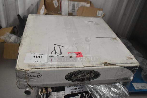 Box of Visions 130TRAY16 black PET plastic 16" catering/deli trays, labeled as scratch and dent, seen with auction stickers.