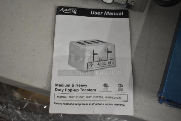 User manual for Avantco 184THD27208 toaster. Features include 4-slice capacity, wide slots, 208 volts, 1 phase. Medium-duty.