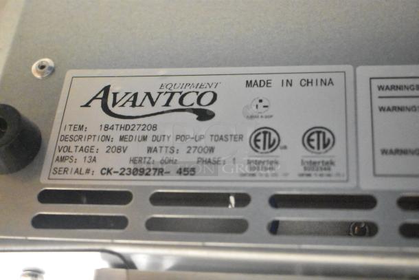 Brand new Avantco 184THD27208 4-slice commercial toaster label. Features 208V, 1 phase, 2700W, and wide slots. Serial CK-230927R-455.