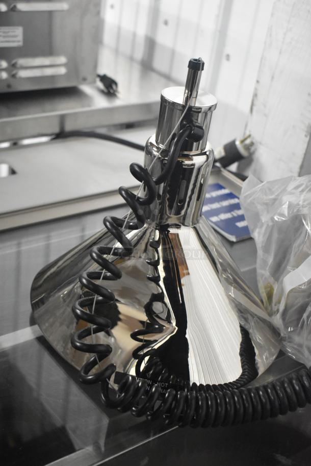 BRAND NEW Hatco DL-775-RL ceiling mount heat lamp, bright nickel finish, retractable cord, 120V, minor scratches.