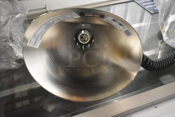 Brand new Hatco DL-775-RL retractable ceiling mount heat lamp with bright nickel finish, 120V, 1-phase, visible tags.