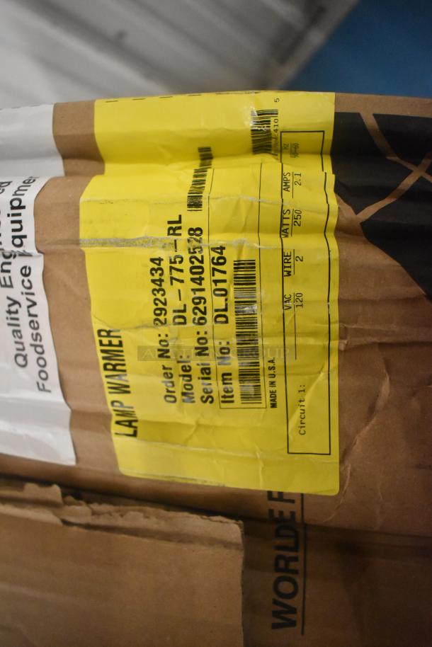 Hatco DL-775-RL Heat Lamp, scratch and dent, ceiling mount, bright nickel finish, 120V, 1-phase. Label visible with model details.