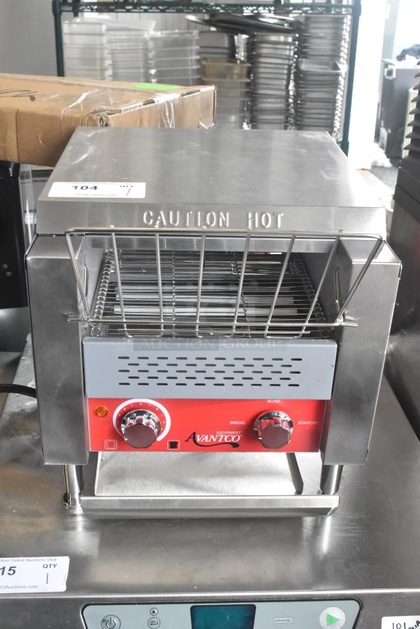BRAND NEW Avantco 184T140 10" Conveyor Toaster, 3" opening, 300 slices/hr. "Caution Hot" marked, red control panel, 120V.
