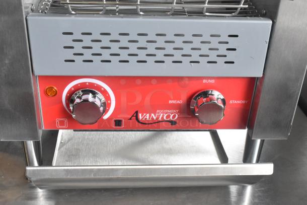 Brand new Avantco 184T140 conveyor toaster, red control panel, 10" wide, 3" opening, 300 slices/hr, 120V, 1 phase.
