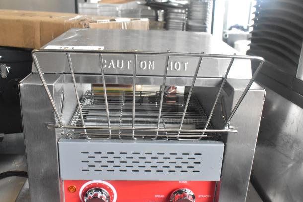 Brand new Avantco 184T140 commercial 10" conveyor toaster, 3" opening, 300 slices/hr, 120V, 1 Phase, "Caution Hot" label.