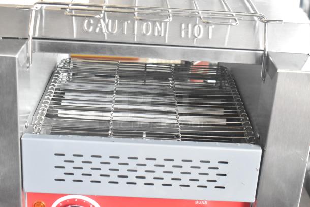 Brand new Avantco 184T140 conveyor toaster, 10" wide, 3" opening, 300 slices/hour. "Caution Hot" marked on metal. 120V, 1 phase.