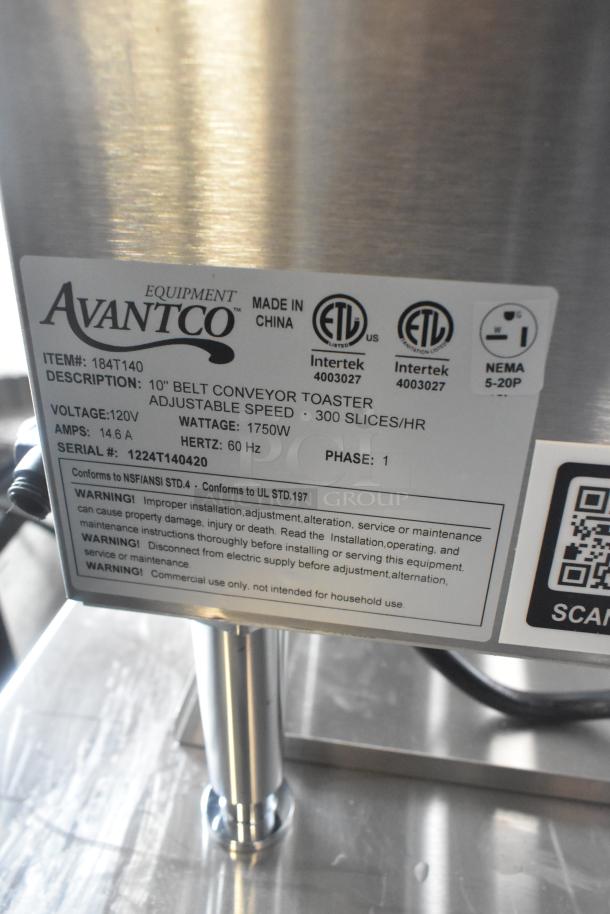 Brand new Avantco 184T140 conveyor toaster, 10" wide, 3" opening, 300 slices/hr, 120V, 1 phase. ETL listed, commercial use.
