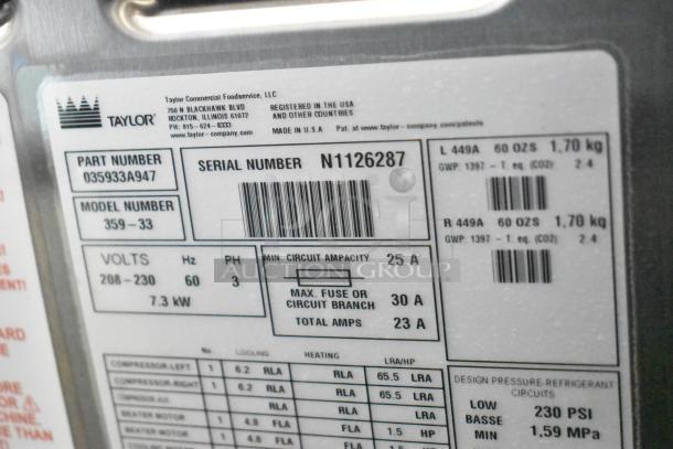 2021 Taylor 359-33 commercial soft serve machine, 2 flavor, air cooled, 208-230V, 3 phase, on casters. Serial: N1126287.