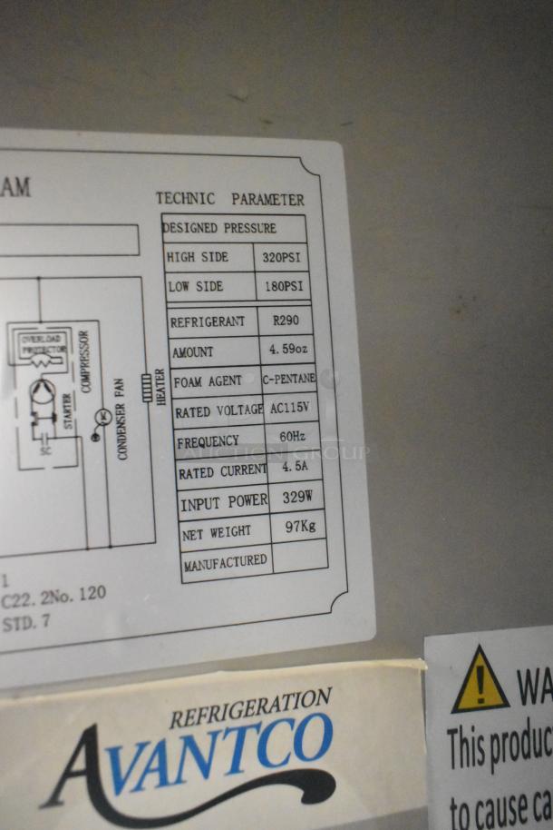 Avantco 178AWT48FHC stainless steel commercial work top freezer, 2-door, on casters. Label shows specs: 115V, R290 refrigerant.