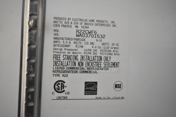 Arctic Air R22CWF6 label detailing 115 volts, model number, serial number, refrigerant type, and installation instructions.